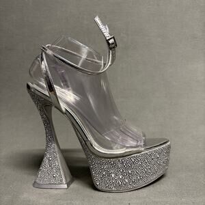 JLO Jennifer Lopez REVOLVE Beverly Platform Heel in Silver Size 8 Spool Flared